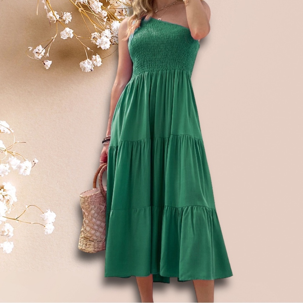 Opt green one shoulder midi cotton summer dress Sz L - Picture 3 of 12